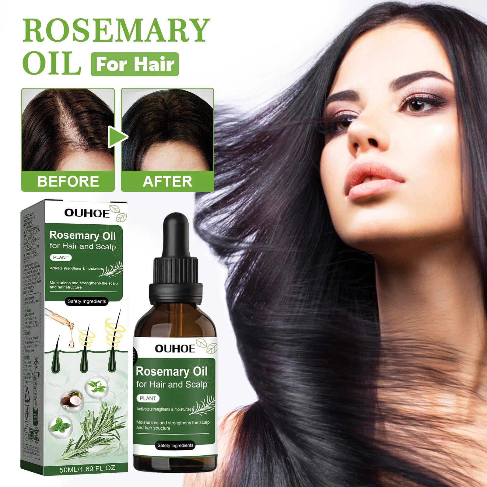 Rosemary Oil for Hair 50ml Scalp Treatment with Coconut Peppermint Oil Nourishing Hair Serum for Shine Strength All Hair Types Qme
