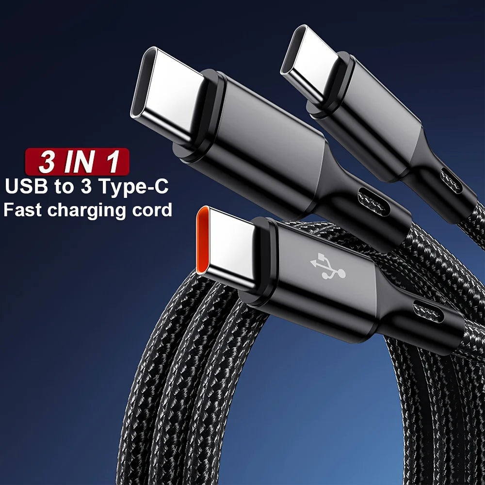 3 IN 1 USB Cable Cord USB To Type C Charger Cable Multi 6A Type C Ports Fast Charging Data Cord For iPhone Samsung Xiaomi Huawei Qme