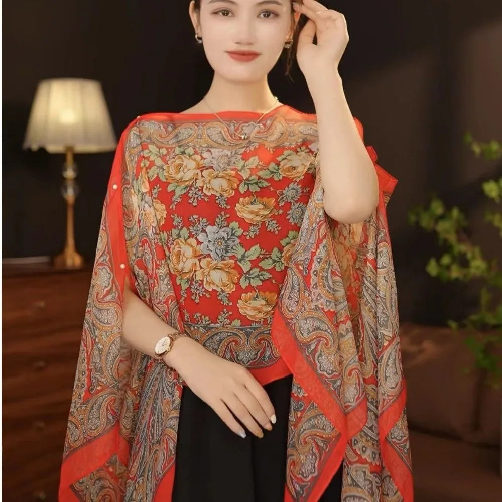Multifuctional Breathable Shawl Flower Pattern Long Length Sun Protection Shawl Lightweight Breathable Fabric Chiffon Scarf Qme Style G