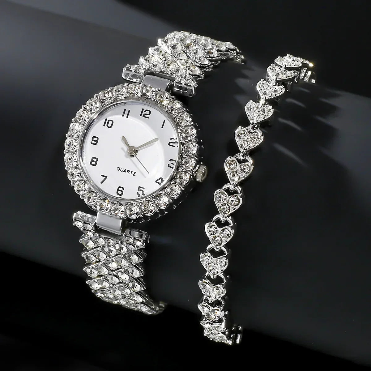 1pcs/2pcs Luxury Fashion Women Watch Set Silver Strap Ladies Quartz Wristwatch Alloy Bracelet for Ladies Jewelry Set Clock Gift Qme Silver-Set