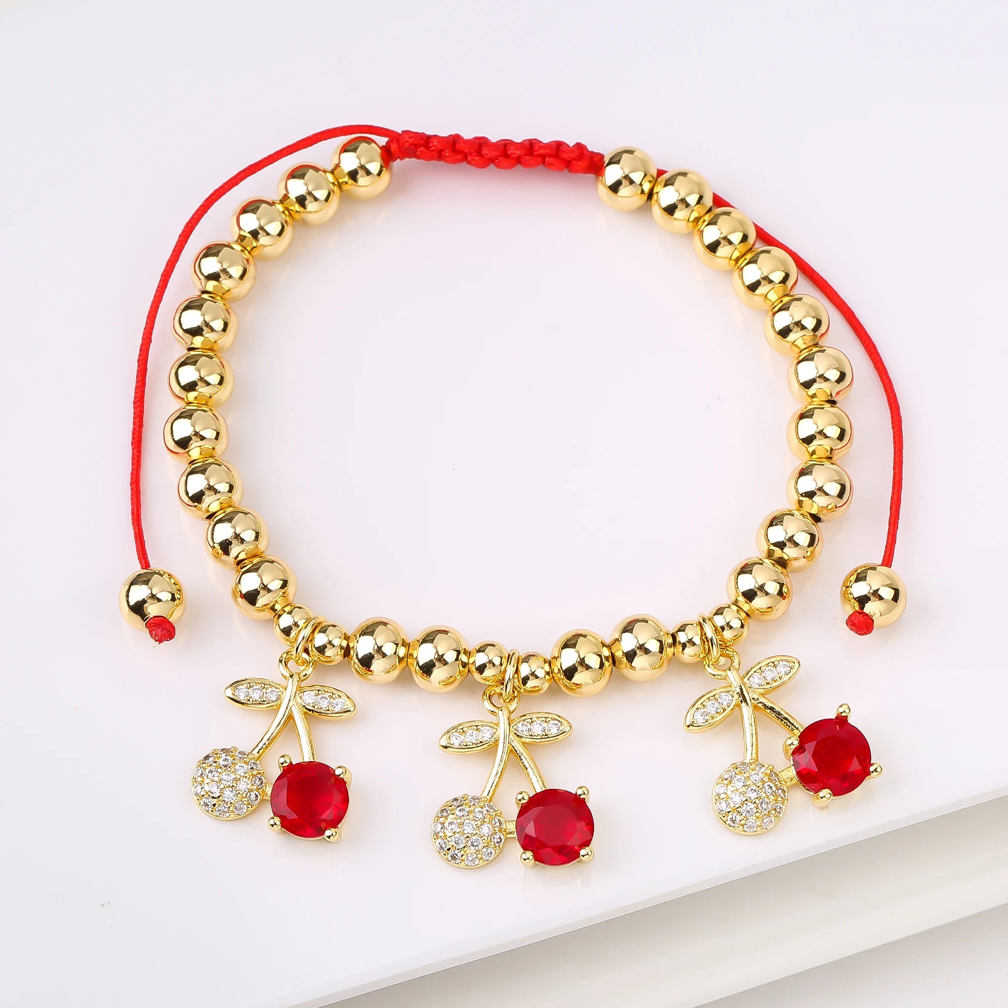 Gold-Plated Copper Bead Chain Braid Crystal Red Cherry Bracelet for Woman Female Daily Party Wrist Jewelry Friendship Gift Qme 4