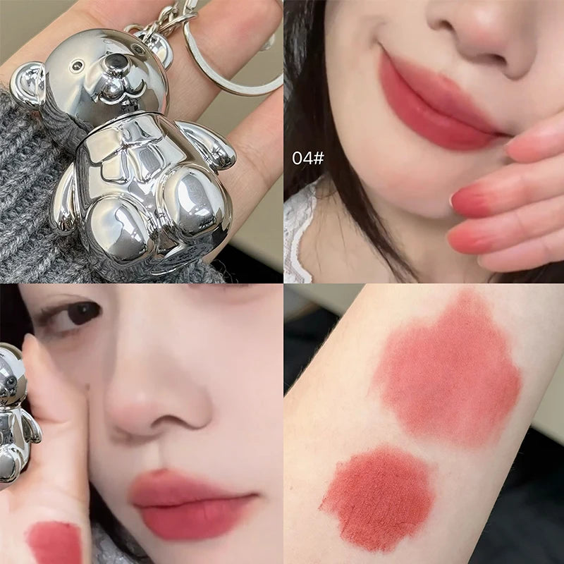 Art Value Velvet Matte Lip Mud Keychain Design Cute Bear Liquid Lipstick Velvet Sexy Red Lip Gloss Lasting Lip Glaze Tint Makeup Qme 04