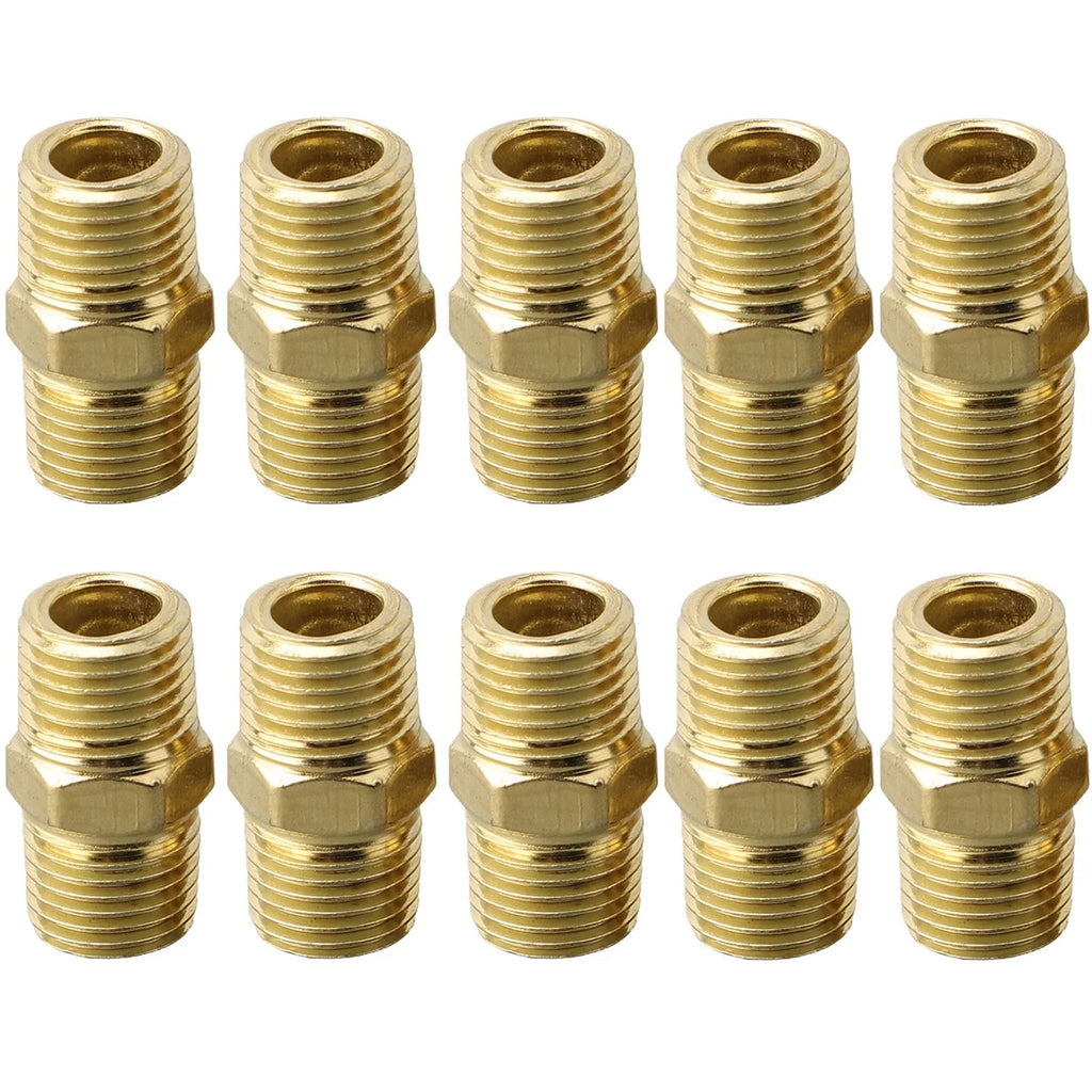 10pcs Brass Pipe Hex Nipple Fitting Quick Coupler Adapter Connector 1/4in For BSP Male To Male Thread Water Oil Air Connector Qme Default Title