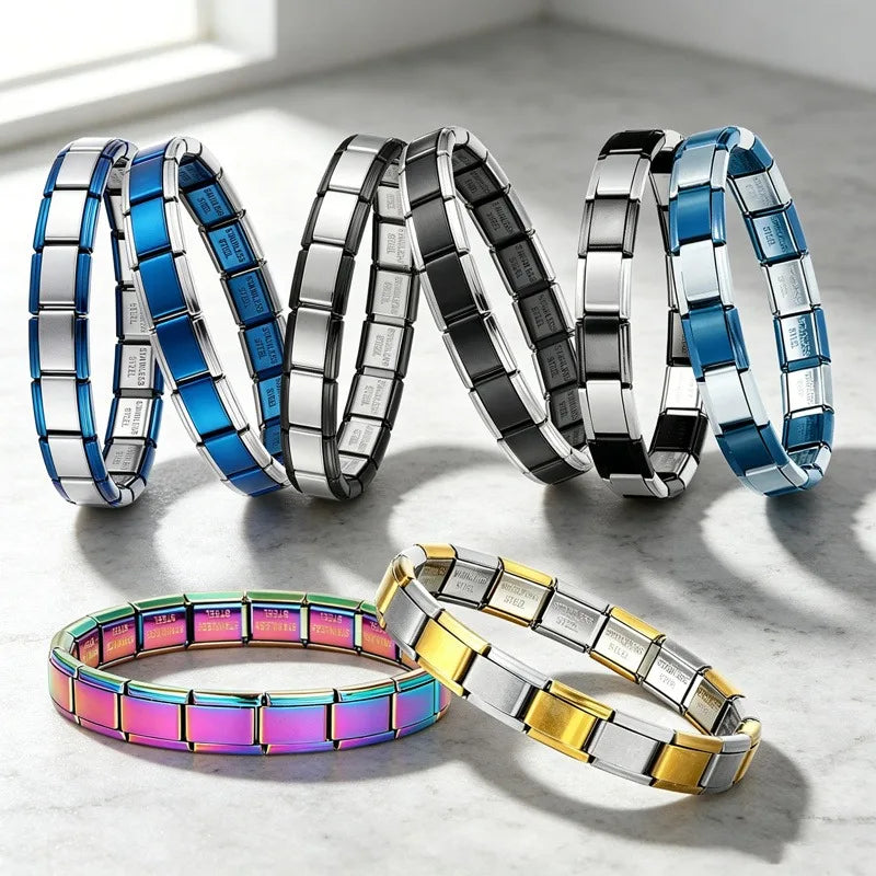 Italian Charms Laser Rose Color Stainless Steel Elastic Link Bangle 9mm Width Hand Chain DIY Module Bracelets Making JewelryGift Qme