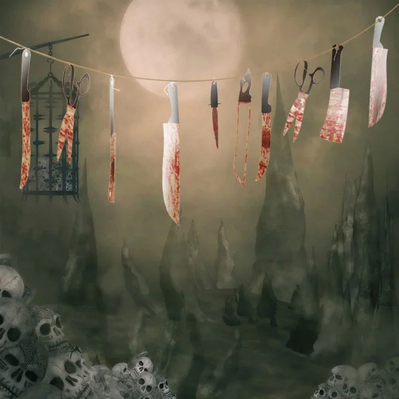 12Pcs Halloween Fake Blood Knife Garland Plastic Bloody Knife Banner Haunted House Horror Hanging Party Wall Decoration Props Qme