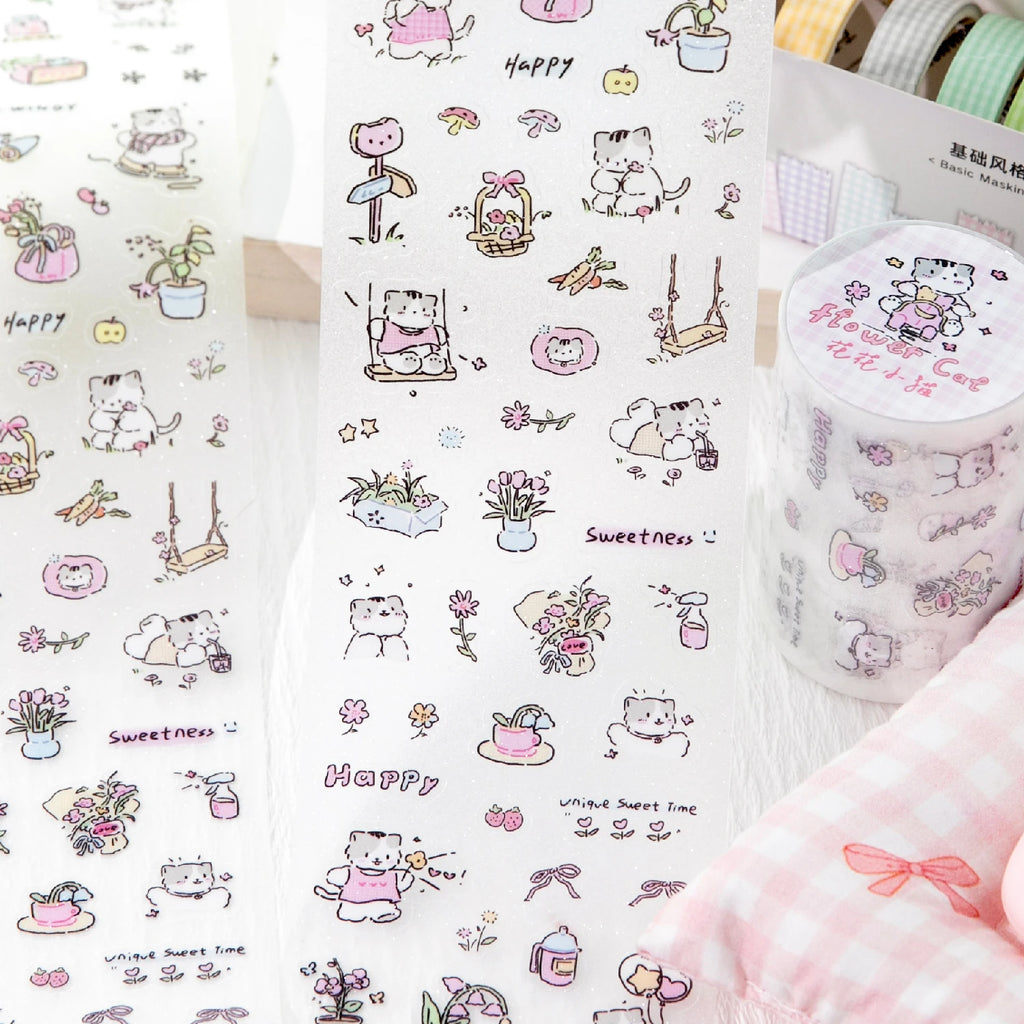 1 Roll Kawaii Lucky Cat Life Theme Glitter PET Tape for Background Decor Scrapbooking DIY Collage Phone Case Notebook Qme