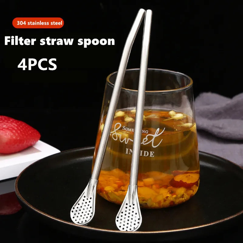 Stainless Steel Drinking Straw Spoon Tea Filter Detachable Reusable Metal Straws with Brush Drinkware Bar Party Tool Accessories Qme