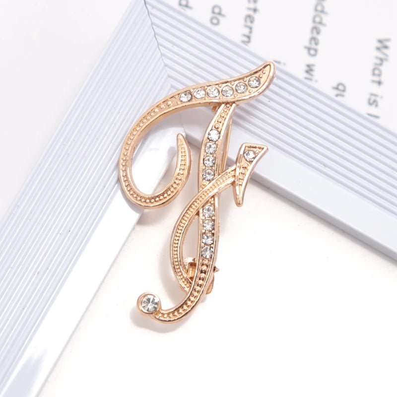 Women Luxury Letter Brooch Pins Gold Rhinestones Crystal English Qme F