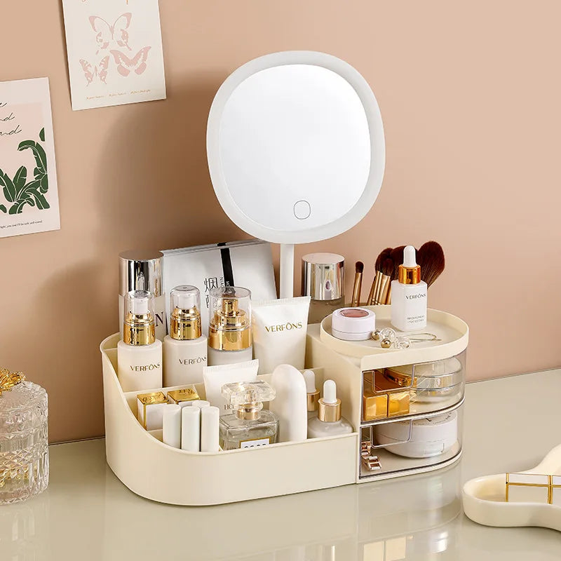 Makeup Storage Box With Mirror Desktop Dressing Table Makeup Mirror Cosmetics Jewelry Storage Box Touch Light Storage Organizer Qme LCreamWhtwithMirror