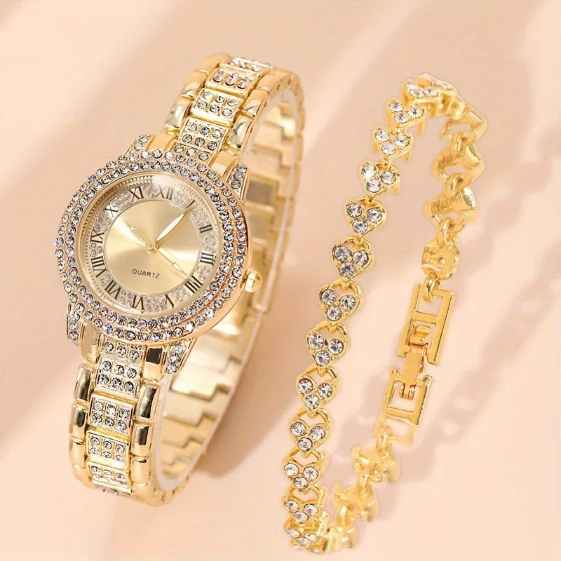 Women Watches Golden Tone Alloy Quartz Watch Stylish Rhinestone Bling Dress Watch Wristwatches, For Xmas Qme