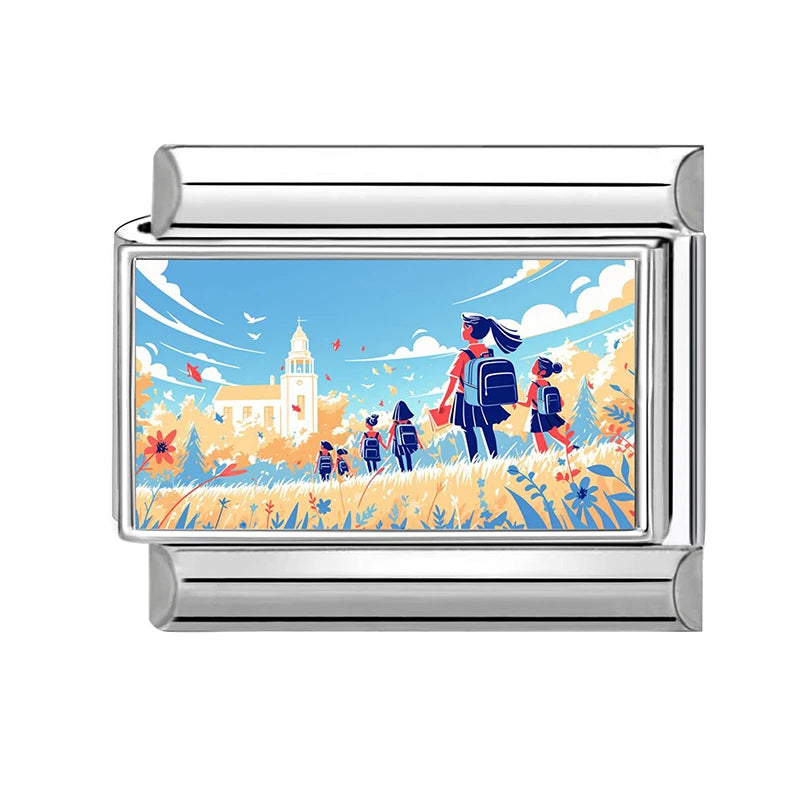 Blue Landscape Sky School Student Schoolbag City Italian Charms Fit 9mm Stainless Steel Women Fashion Bracelet DIY Jewelry Gifts Qme Style 9