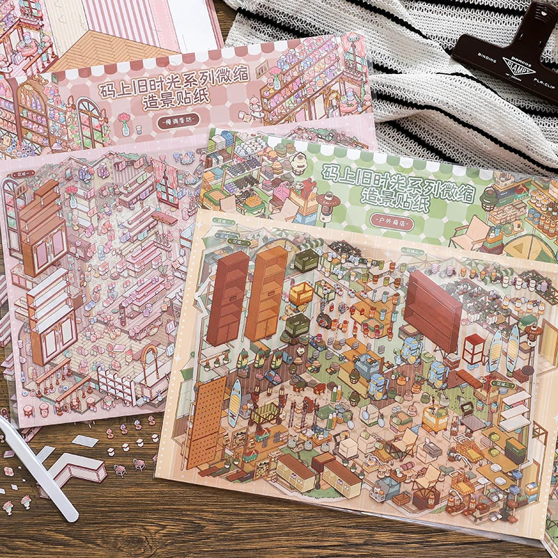 4 Pcs Creative Cartoon 3D Landscape Sticker Book DIY Cabin Scene Sticker Miniature House Sticker Cabin Scene Stationery stickers Qme