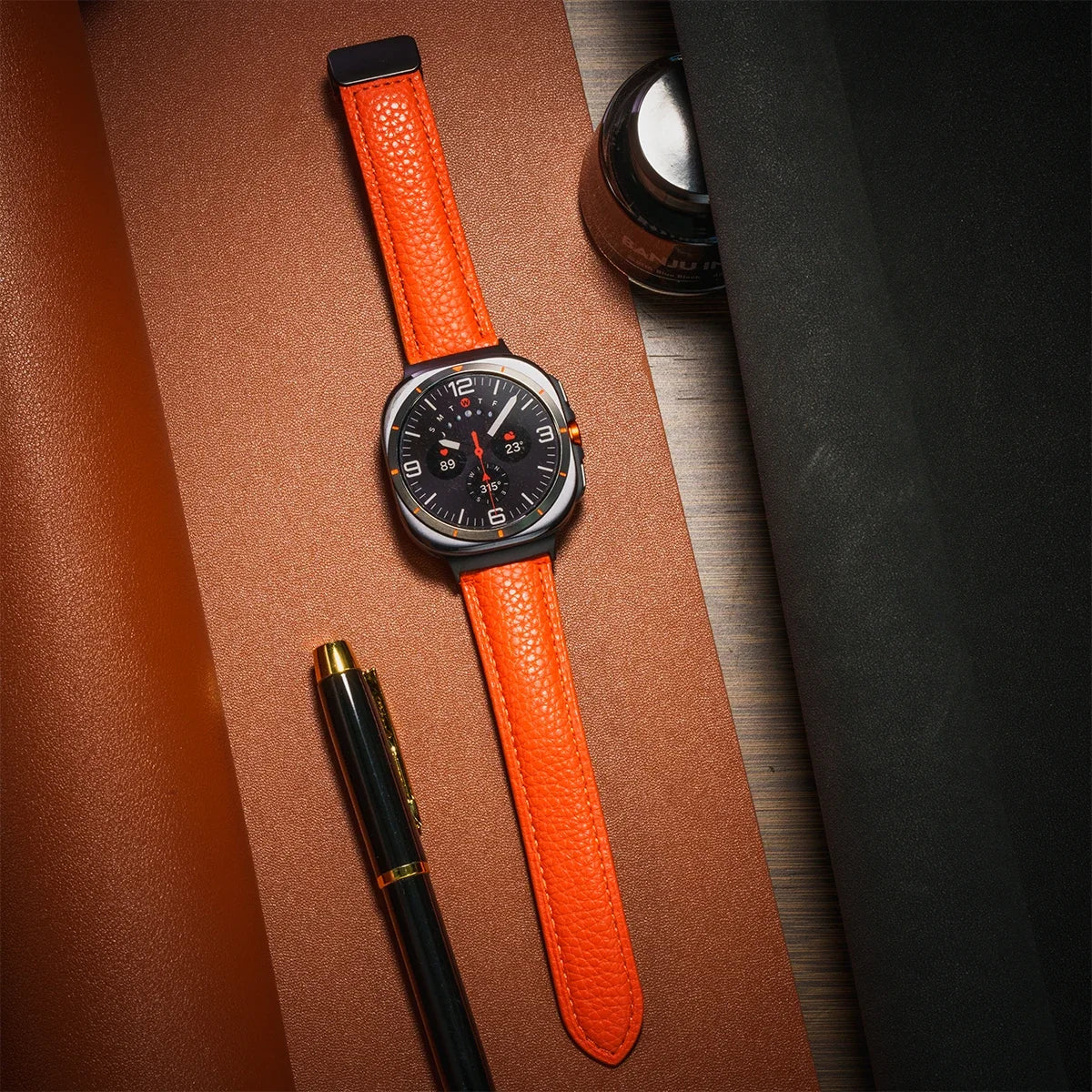 Leather Strap For Samsung Galaxy Watch Ultra 47mm Comfortable Magnetic Bracelet Wristband Galaxy Watch 7 Ultra Belt Accessories Qme Orange-B Galaxy Watch Ultra