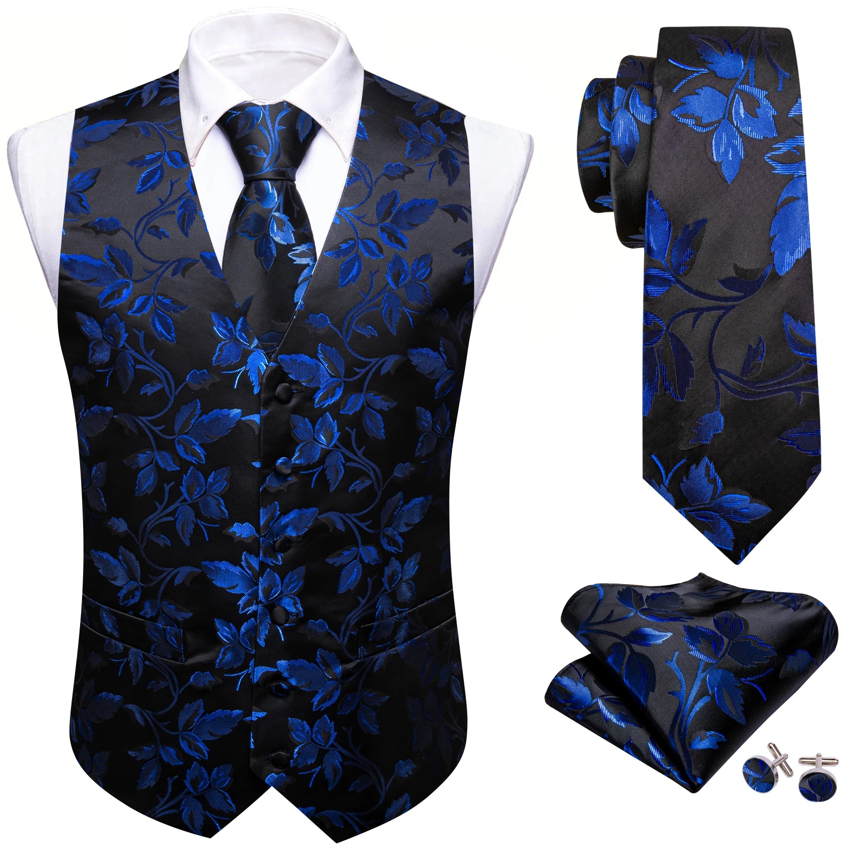 Men's Elegant Floral Vest Tie Hanky Cufflinks Formal Wine Green Blue Qme MJ-2621 L