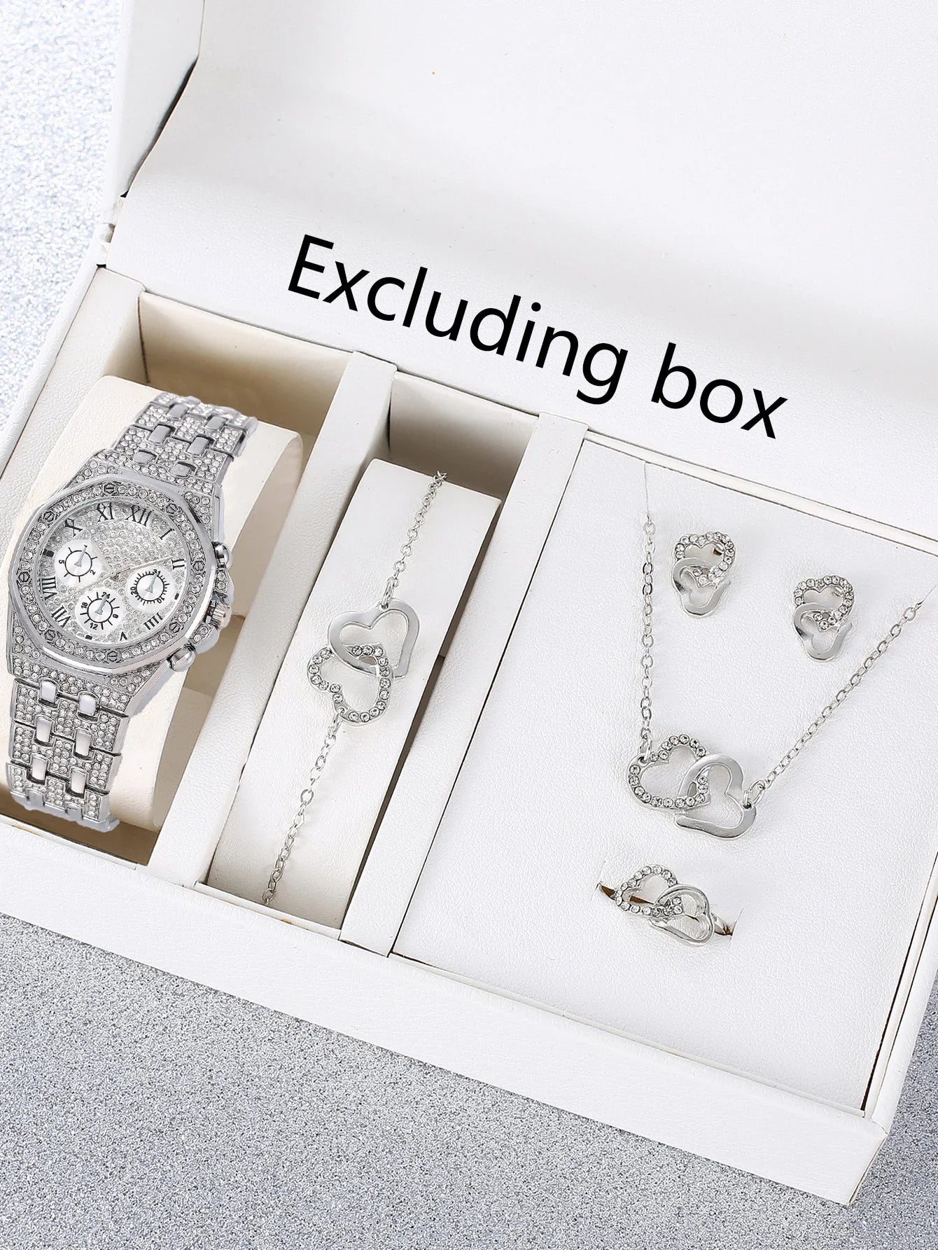Full Diamond Roman Three Eye Quartz Women's Watch Double Ring Love Set Diamond Necklace Bracelet Earnail Ring Five Pieces Qme