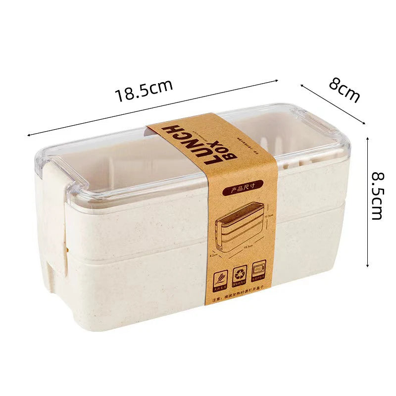 Double-layer Wheat Straw Lunch Box Fork Spoon Microwave Safe Portable Qme 750ML Beige