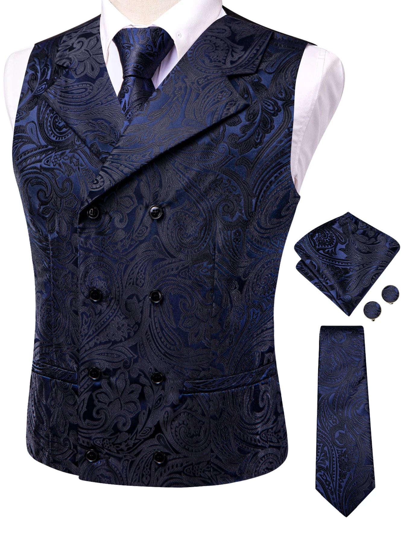 Men's Golden Paisley Vest Tie Hanky Cufflinks Luxury Tops Weddings Qme HT-MJ-0171 S
