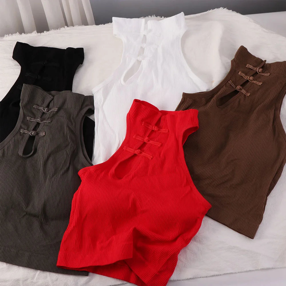 Frog Buckle Cheongsam Style Skinny Vest Sleeveless Backless Slim Crop Top Streetwear Ethnic Style Tanks Tops Women Spicy Girls Qme