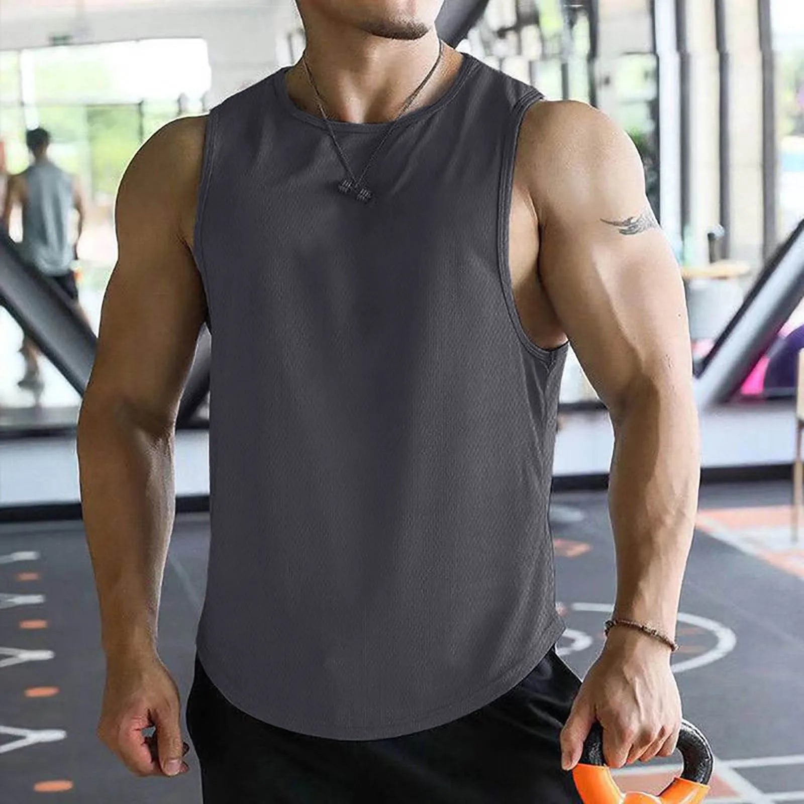 2026 Men’s Summer Solid Color Tight Vest Lightweight Breathable Quick-Dry Gym Muscle Fitness Bodybuilding Sleeveless T-Shirt Qme Dark Gray L