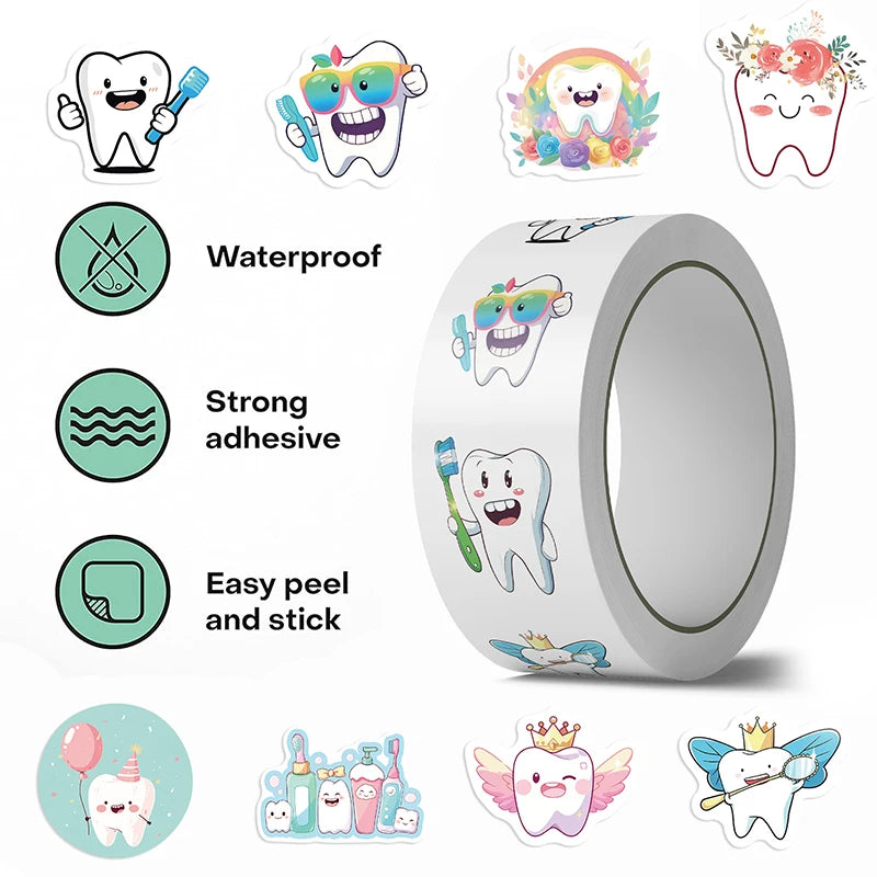 Roll Dental Stickers Cartoon Decoration Tooth Shaped Sticker Label Qme