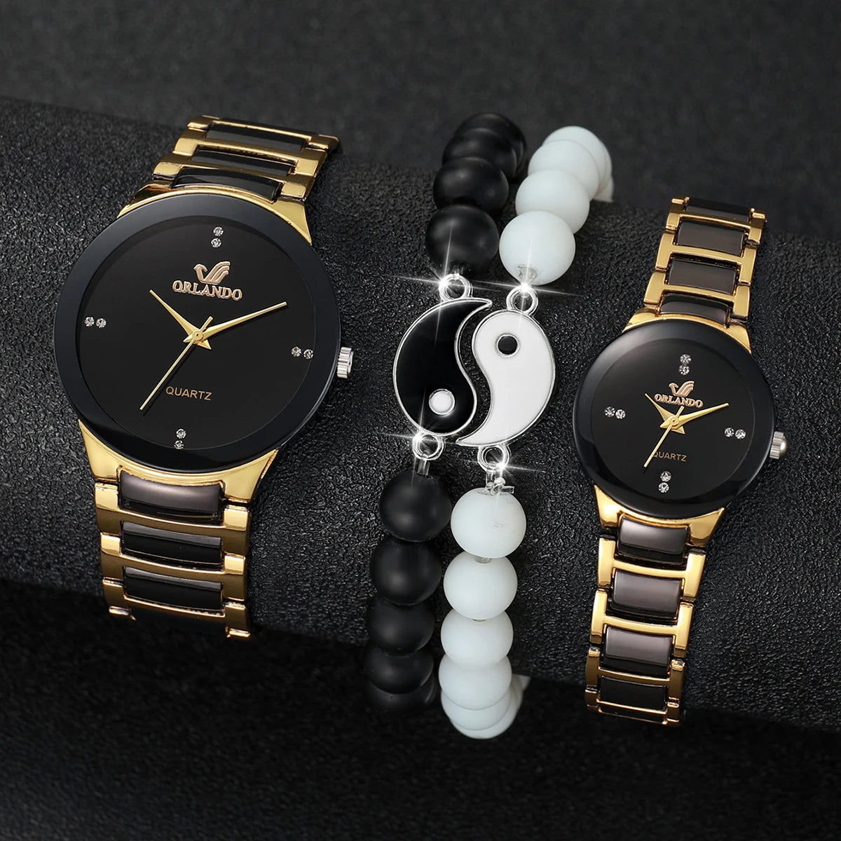 4PCS/Set Watches Fashion Rhinestone Women Quartz Watch Stainless Steel Band Men Wristwatches Bracelets Set Qme 4PCS Set