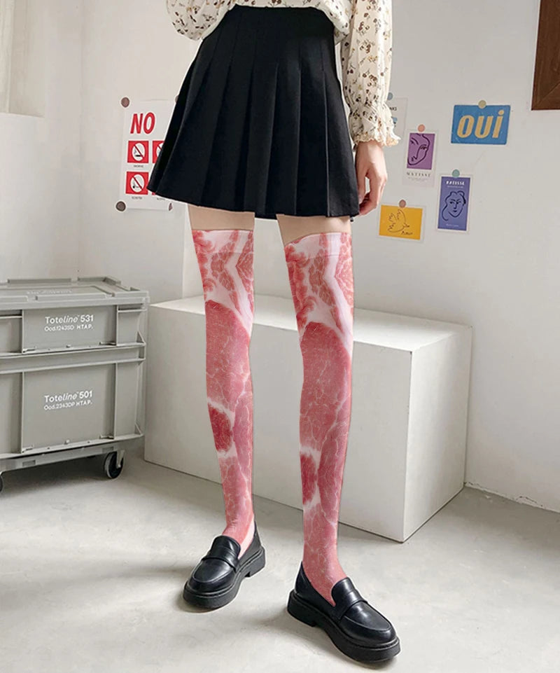 Funny Pork Belly Pattern Novelty Stockings Personalized Ladies Thigh Qme