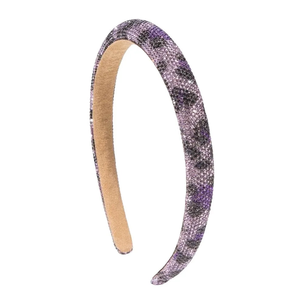 Simple Bling Rhinestone Headband Wide Luxury Leopard Print Hairband Non-slip Glittering Women Hair Hoop Banquet Qme Purple
