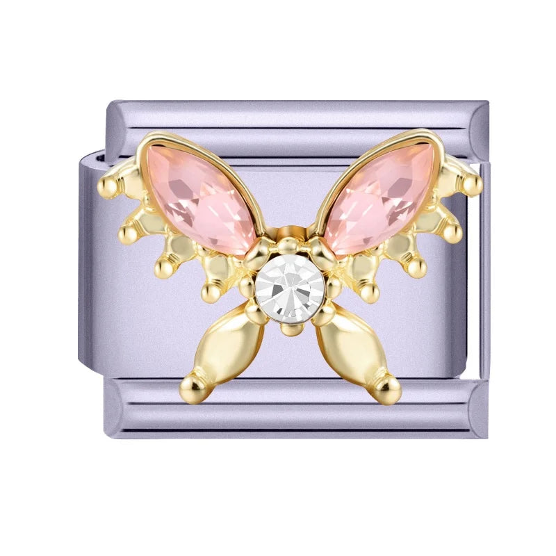 Sweet Shiny Gold Color Zircon Bow Moon Cherry Star Italian Charm Links Fit 9mm Stainless Steel Bracelet Women Jewelry DIY Making Qme Style 28
