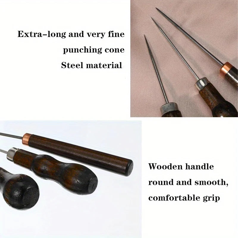 3pcs/Set Leather Awl Tool with Wooden Handle, Stitching Puncher for Sewing, Leathercraft, DIY Qme