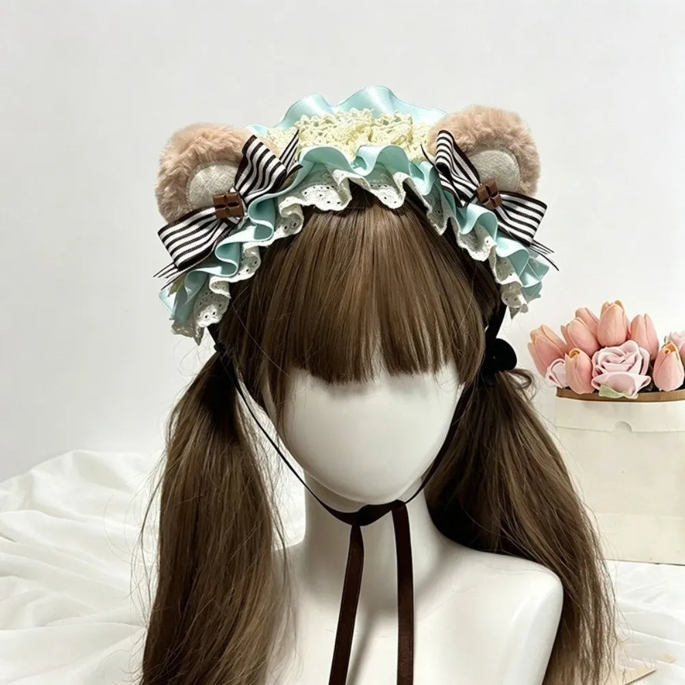 Adjustable Bear Ear Cookies Headband Sweet Lace-up Lolita Hair Hoop Qme
