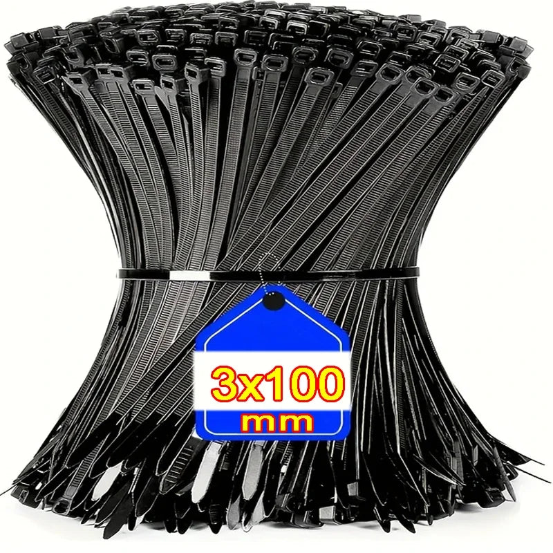 1000/100Pcs Plastic Nylon Cable Ties Self-locking Cord Ties Straps Adjustable Cables Fastening Loop Home Office Wire Zip Ties Qme BK3x100mm 1000pcs