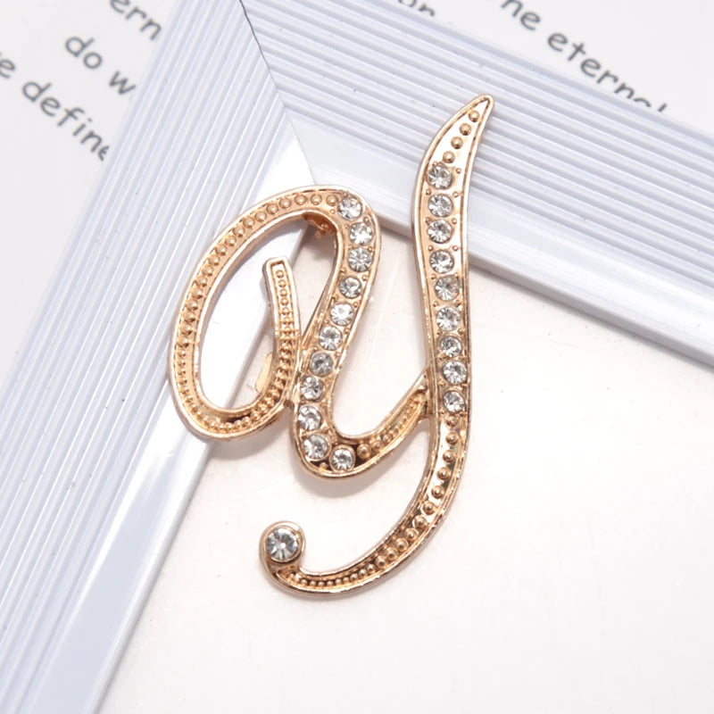 Women Luxury Letter Brooch Pins Gold Rhinestones Crystal English Qme Y