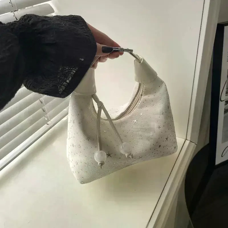Sweet Sparkling Stars Shoulder Bag Nylon Texture Pearl Pendant Crossbody Bag Small Bucket Handbag Women Girl Qme
