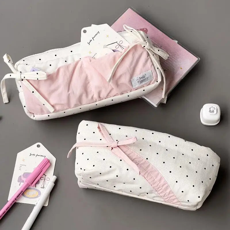 Cute Polka Dot Bow Pencil Case White Pink Accessories Large Capacity Qme