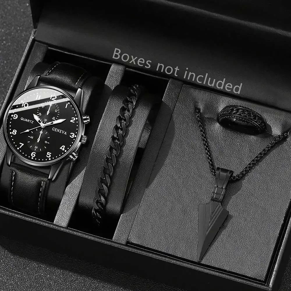 4PCS Black Men's Watch Set Business Fashion Quartz Watch Bracelet Necklace Earrings Ring Set Perfect Gift for Friends or Dad Qme