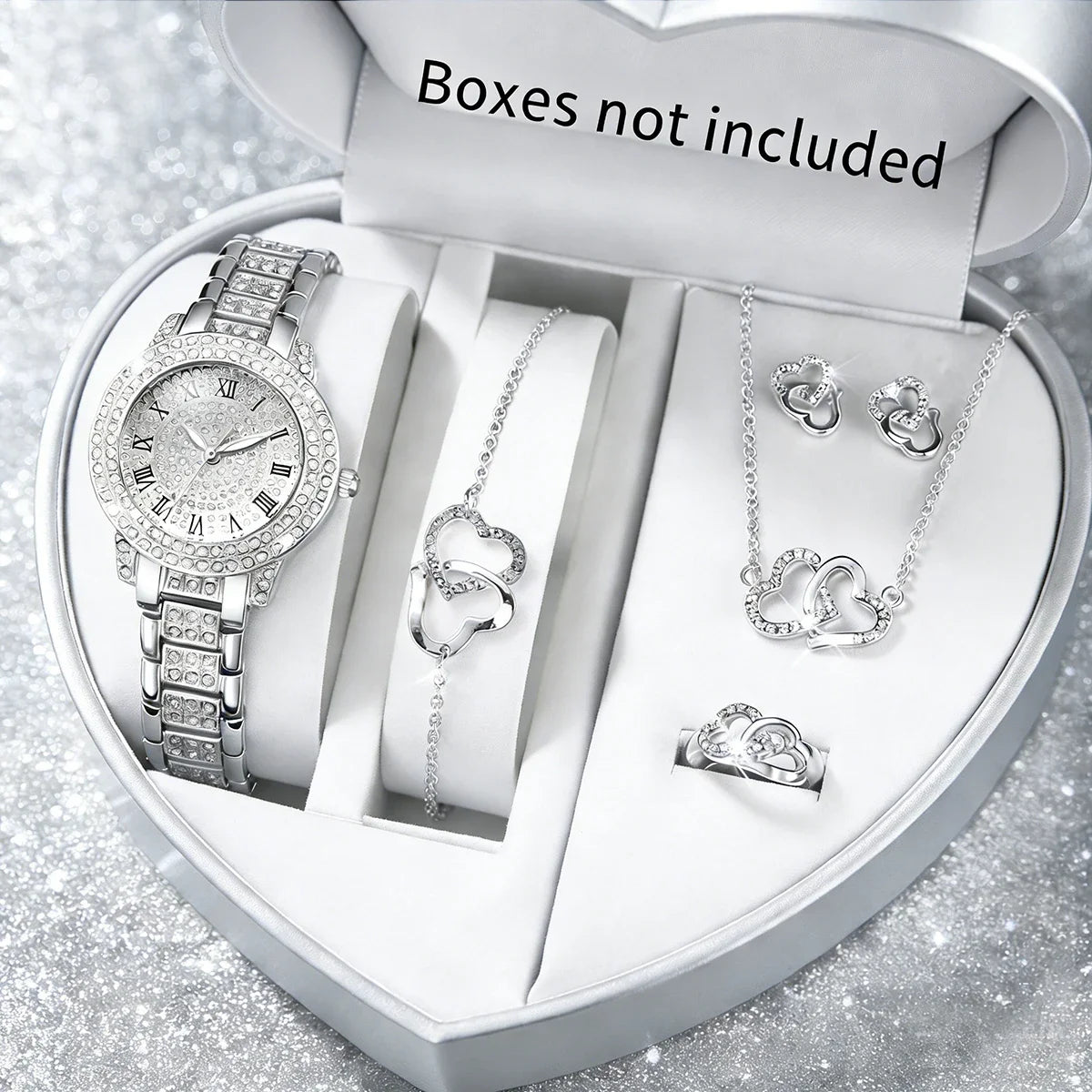 Luxury 5 In 1 Full Crystal Gold Watch Interlocking Heart Necklace Earrings Ring Bracelet Set Qme Silver B No Box