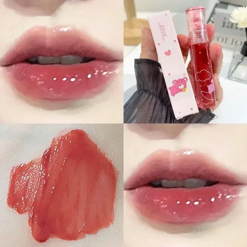 Cute Pink Bear Water Light Lip Gloss Lasting Crystal Glossy Lip Glaze Mirror Nude Liquid Lipstick Women Lips Makeup Cosmetics Qme 05