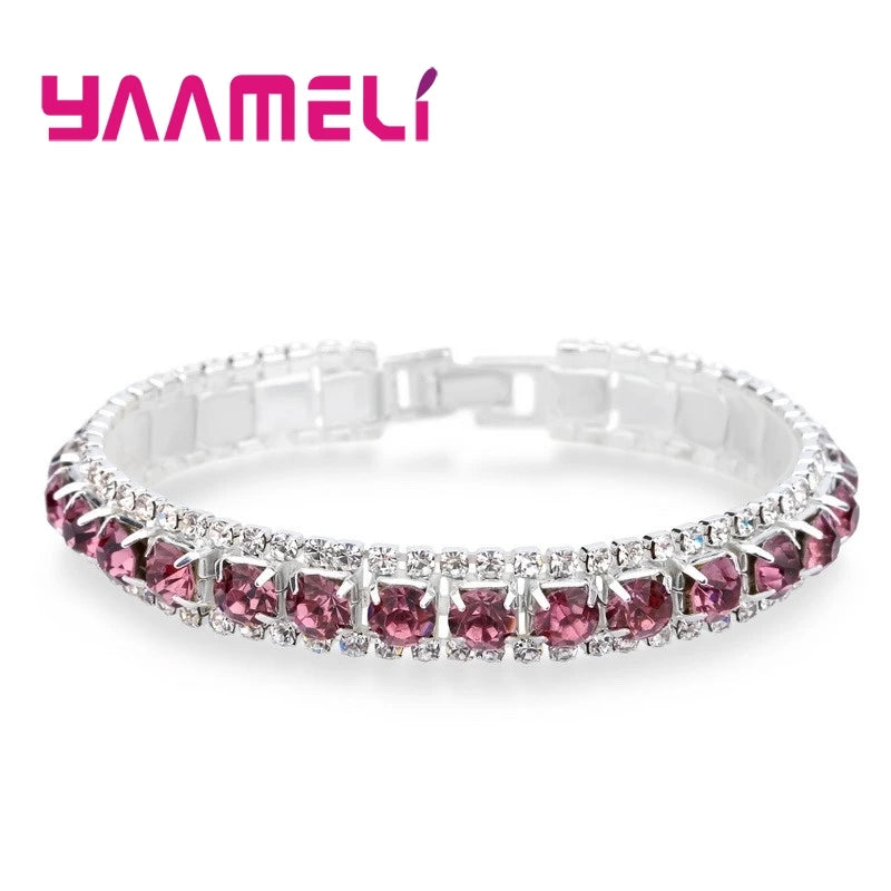 Top Sale 925 Sterling Silver Color Bracelet Full AAA Zircon Austrian Crystal Femme Women Link Chain Jewelry Bangles 14 Colors Qme Pink