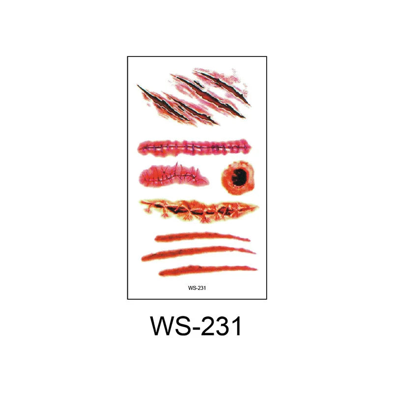 A 6Pieces Horror Wound Temporary Tattoos Waterproof Realistic Blood Tattoo Injury Scar Tattoo Stickers for Face Qme