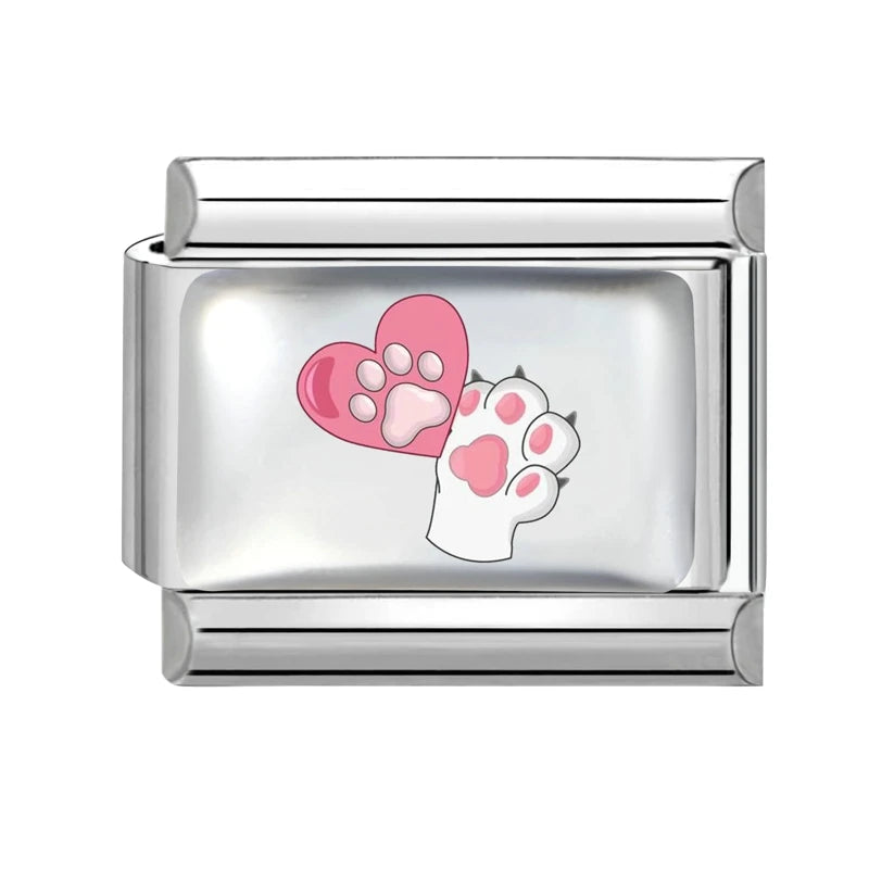 Blue Pink Heart Cute Cats Paw Dog Claw Print Series Italian Charm Links Fit 9mm Stainless Steel Bracelet DIY Making Gift Qme Style 2