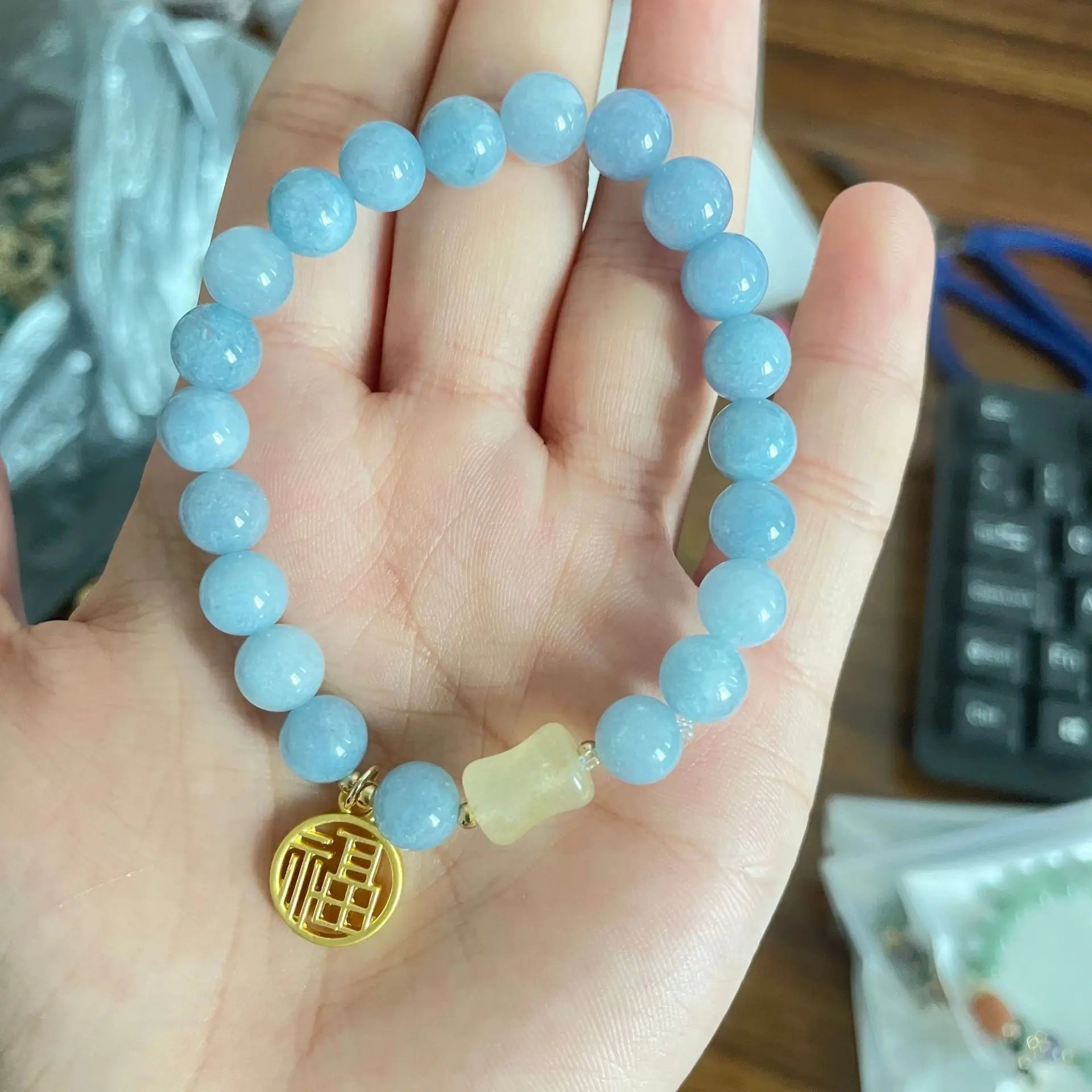 Ins Fu Character Lucky Jade Crystal Antique Bracelet Creative Bohemian National Pendant Bracelet Cute Feminine Fashion Gift Qme blue