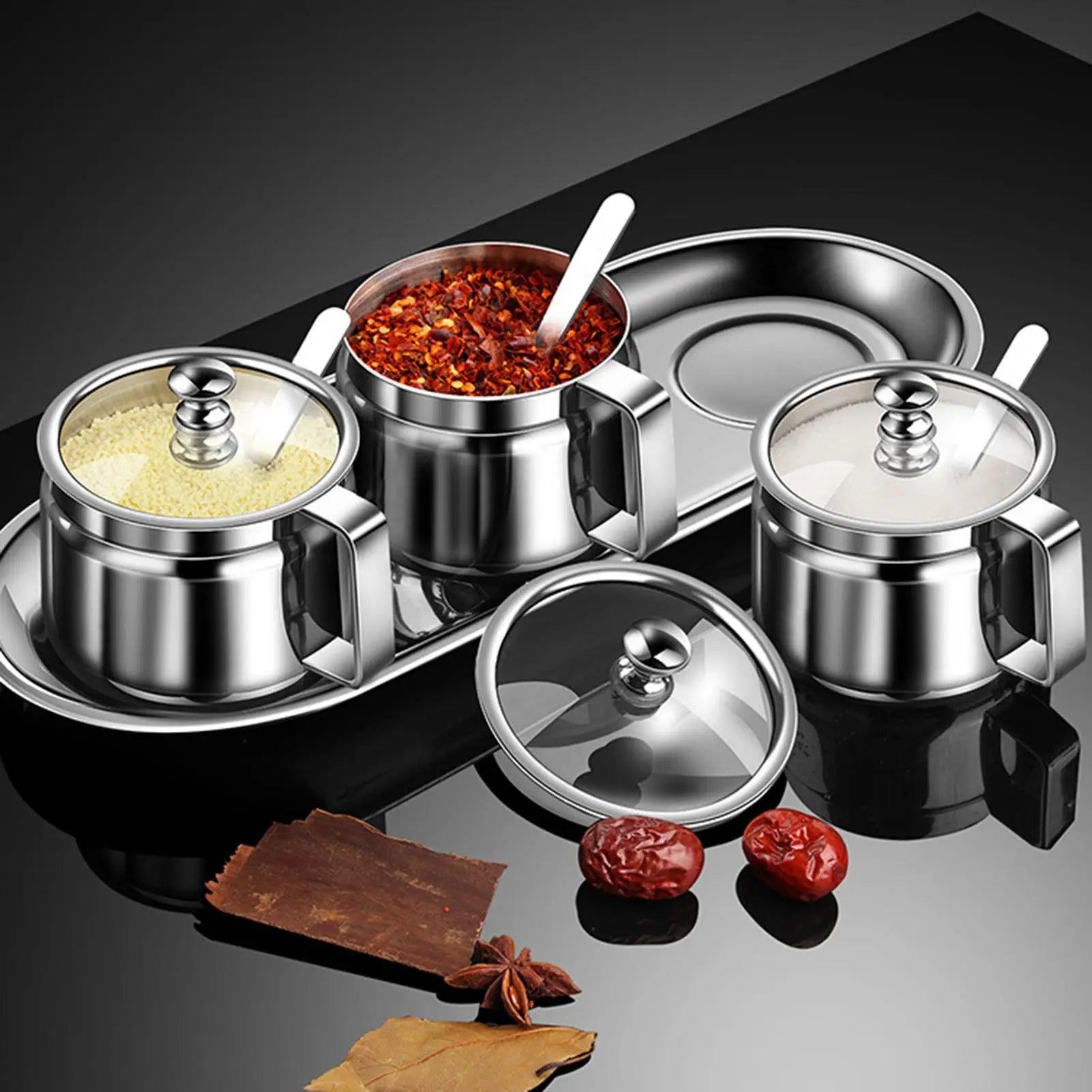 Sugar Bowl Lid Stainless Steel Storage Pot Seasoning Container Spoon Qme
