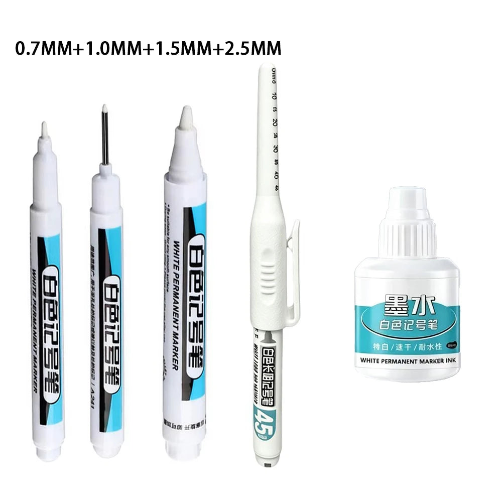 White Marker Pens 0.7/1.0/1.5/2.5mm Oily Waterproof White Gel Pen And Ink DIY Graffiti Markers Stationery Wrting Supplies Qme 4 Pens - 1 ink