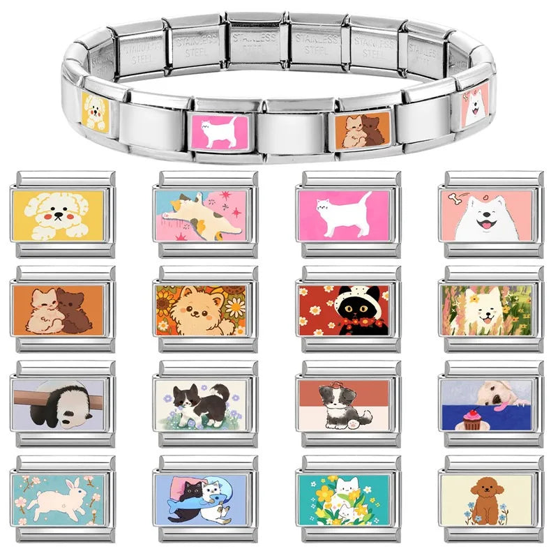 Design Cute Cartoon Animal Pet Series Cat Dog Rabbit Italian Link fit 9mm Stainless Steel Bracelet Making Gift DIY Charm Jewelry Qme