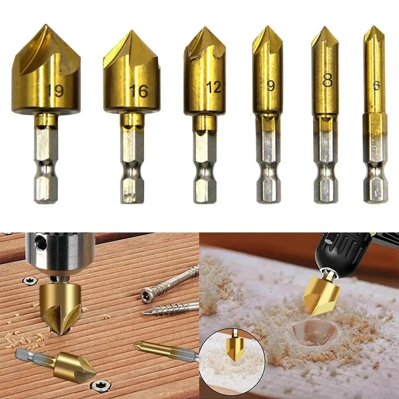 6PC Hexagonal Handle Titanium Plated Five Edge Chamfering Knife Countersunk Drill 6-19mm Woodworking Spot Facer Tool Set Qme