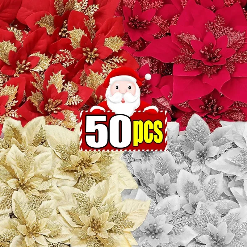 Christmas Red Gold Glitter Flowers Artificial Poinsettia Flower for Xmas Tree Ornaments Navidad New Year Party Home Decoration Qme