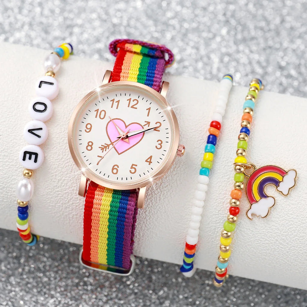 4 Pçs/set Moda Coração Dial Relógio Feminino Banda de Nylon Relógio de Quartzo Arco-íris Contas Pulseiras Conjunto Qme