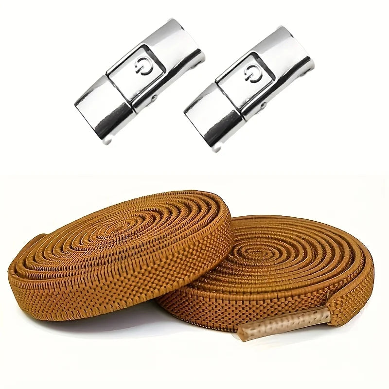 Lazy No-Tie Elastic Flat Shoelaces,Quick Press Metal Lock Buckles,Easy Install Shoelace Replacement For Children Elders Qme Brown 1pair