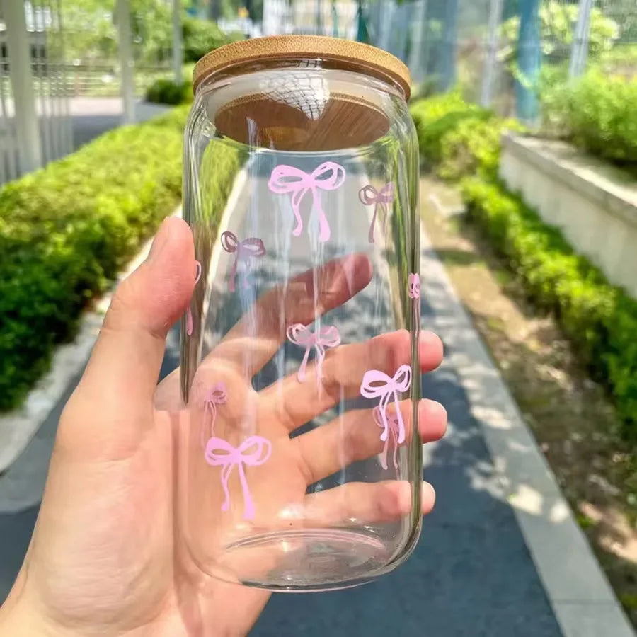 500ml Cute Bow Glass Cup Bow Bear Pattern Water Bottle Coffee Cups With Lids Straw Brush Valentine's Day Party Gift Qme