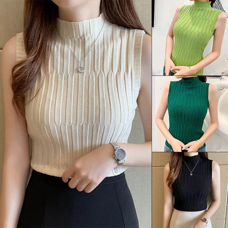 Women Ribbed Halter Tank Crop Tops Summer Spring 2023 Base T-shirt Harajuku Adults Sleeveless Solid Color Round Neck Knit Tops Qme